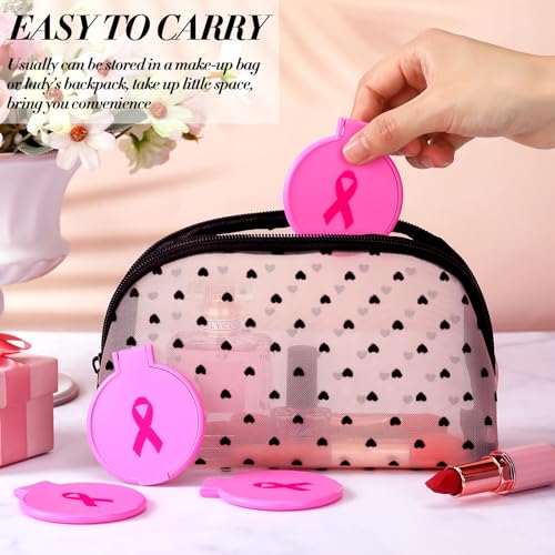 Tatuo 100 Pcs Breast Cancer Awareness Gifts for Women Mini Folding Makeup Mirror Bulk Round Pocket Portable Mirror Breast Cancer Awareness Accessories for Women Friends (Pink)
