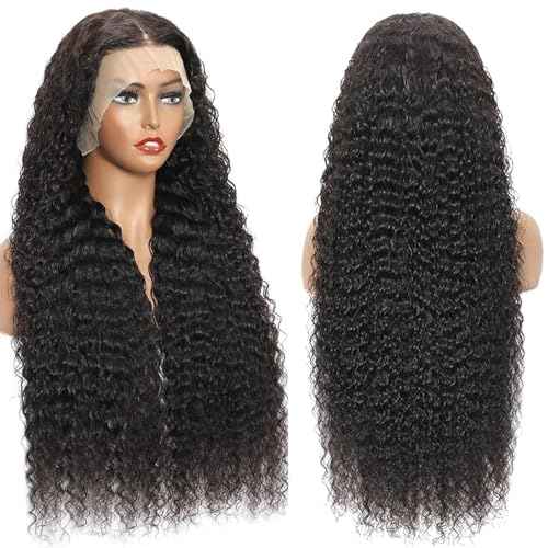 13x6 Deep Wave Wigs Human Hair Deep Wave Lace Front Wigs Human Hair 200% Density HD Lace Frontal Wigs for Balck Women Pre Plucked Glueless Deep Curly Wig Natural Black (32 Inch)