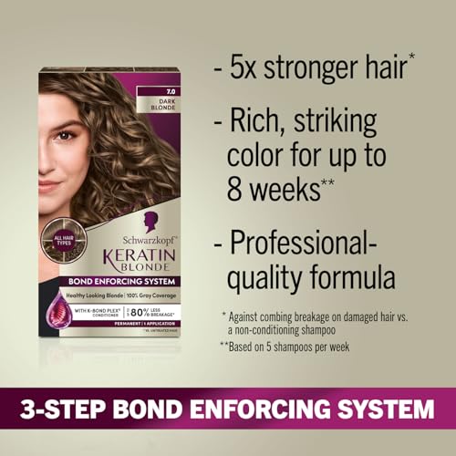 Schwarzkopf Keratin Blonde Hair Dye, 7.0 Dark Blonde, Professional Quality Permanent Hair Color, Bond Enforcing System Helps Prevent Breakage* Pre-Color Serum & Conditioner Included