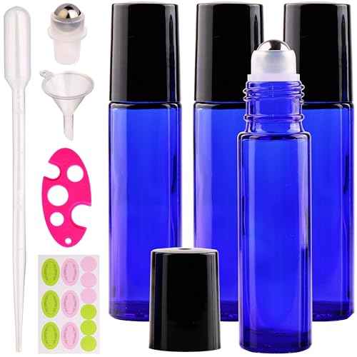 inice 4 Pack Essential Oil Roller Bottles 10ml Cobalt Blue Glass Bottles Stainless Steel Roll On Ball Applicator for Daily Care