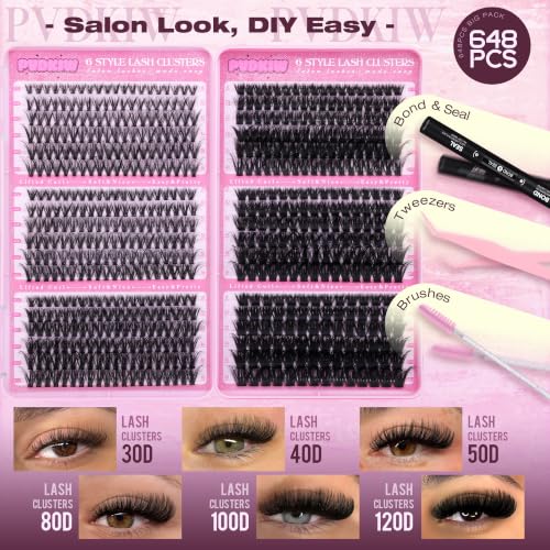 PVDKIW Fluffy Eyelash Clusters Kit - 648pcs Wispy Lashes 8-18mm