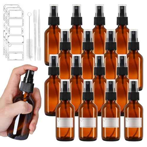 60ml Glass Spray Bottles with Fine Mist Sprayer 16Pack, Small Amber Glass Spray Bottles 2 oz for Perfumes,Cleaning Products,Pet Spray (2fl.oz, Set of 16)