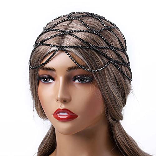 Fdesigner Rhinestone Headpieces Cap Vintage1920s Head Chain Jewelry Gatsby Flapper Hair Jewelry Masquerade Women Hair Accessoris (Black-Vintage)