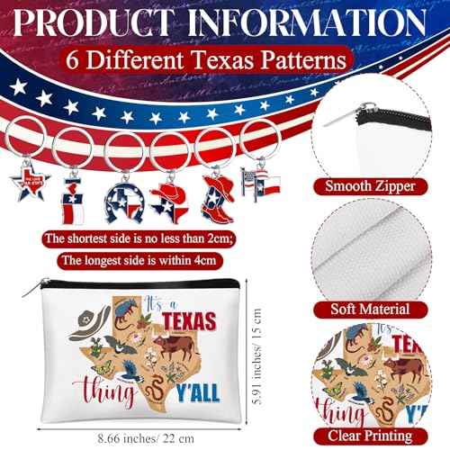 Landical 6 Sets Texas Souvenir Gifts Include 6 Pcs Texas Cosmetic Bag and 6 Pcs Metal Keychain for Women Traveler Christmas Party Gifts
