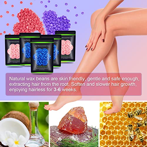 Auperwel Blue & Pink Wax Beads for Hair Removal, Sensitive Skin, 1.1 lb Kit with 10 Sticks