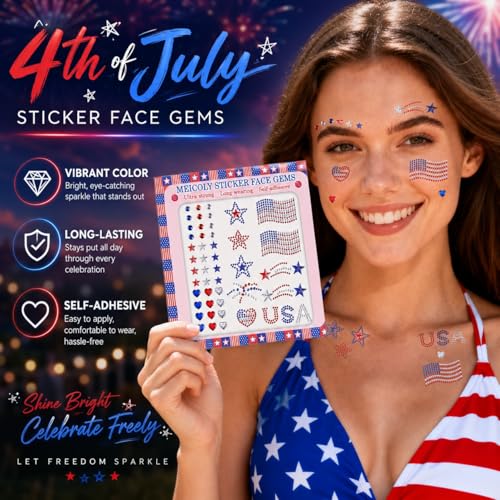 4th of July Face Gems Stickers, Self-Adhesive Rhinestones