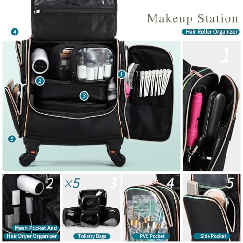 Rolling Makeup Train Case with 5 Bags & Wheels | Professional