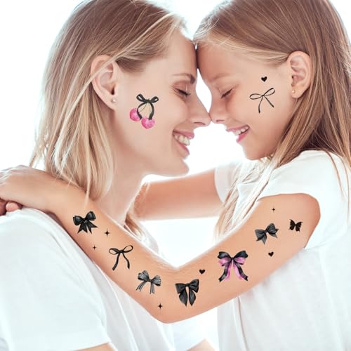 JarThenaAMCS 304Pcs Bow Temporary Tattoo Sticker Black Bowknot Cherry Fake Tattoo Coquette Bachelorette Birthday Party Favor for Body Art Decor Game Gift, 8 Sheets