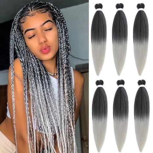 Coriario Ombre Braiding Hair Pre Stretched 26inch 6packs Silver Pre Stretched Braiding Hair Long Straight Kanekalon Braiding Hair Yaki Synthetic Hair for Braiding 1b/Silver