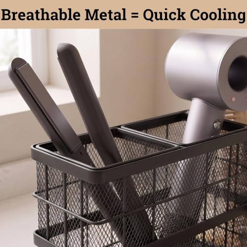 HB Design Co. Black Breathable Metal & Bamboo Hair Tool Organizer - Heat-Resistant Countertop Storage for Hair Dryers, Straighteners & Curling Irons