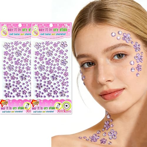 Purple Flower Face Gems Stickers - 2 Sheets Self Adhesive Rhinestones