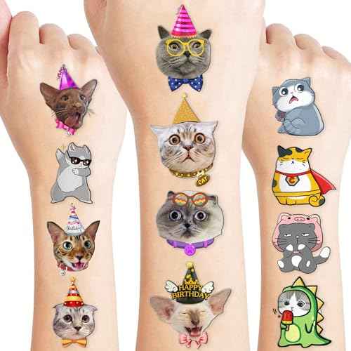 96 PCS Cat Cats Pet Pre-Cut Temporary Tattoos for Kids | Super Cute Themed Birthday Party Favors, Supplies, Decorations, Animal Paw Fake Tattoo Stickers Gifts for Boys Girls Rewards