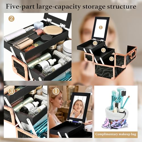 Makeup Train Case with Mirror & 2 Trays, Portable Cosmetic Organizer