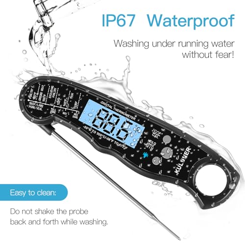 KULUNER TP-01 Waterproof Digital Instant Read Meat Thermometer with 4.6 Folding Probe Backlight Calibration Function for Cooking Food Candy, BBQ Grill, Liquids,Beef(Black)