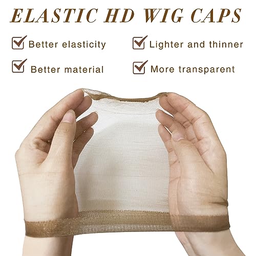 20PCS HD Wig Cap for Lace Front Wig, Stocking Stretchy Wig Caps for Women Men, Stretchy Nylon Stocking Wig Caps Wig Bald Cap for Wigs, Transparent Wig Cap Thin Wig Cap with Elastic Band(HD Brown)