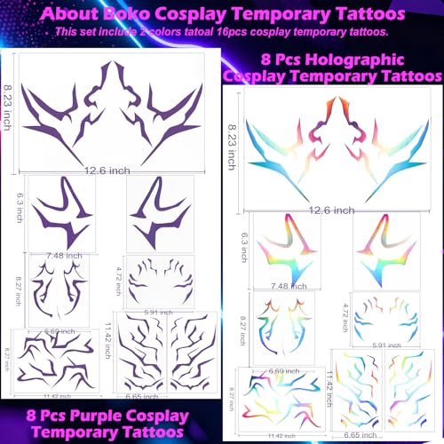 Boko 16Pcs Purple Holographic Temporary Tattoos Set
