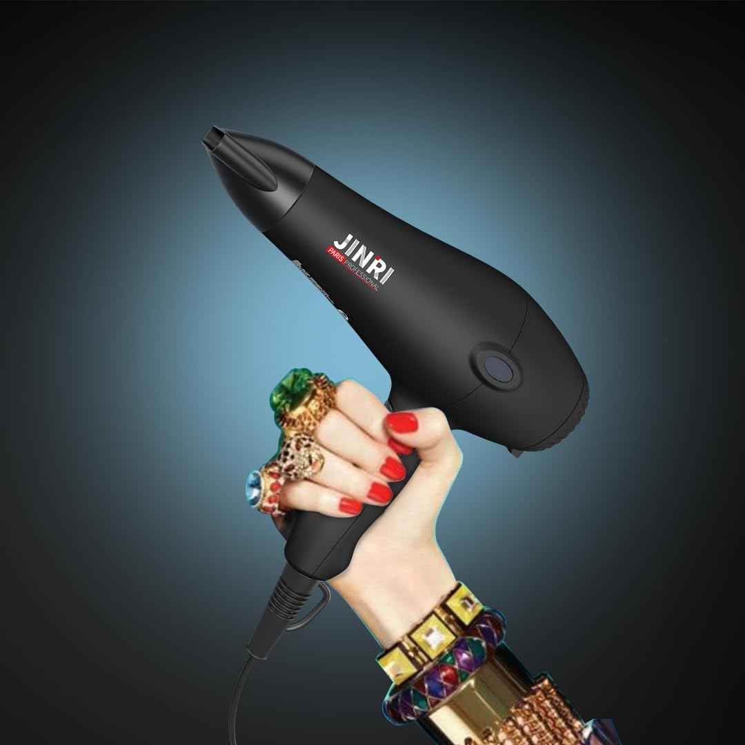 JINRI Hair Dryer, 1875W, 3 Heat & 2 Speed, with Diffuser, with Concentrator, Detachable Air Intake, Ionic Technology & Infrared - Black, Hanging Strap, Non-Foldable JR-108