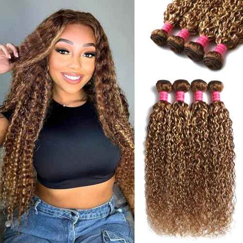 Borchan Honey Blonde Bundles Water Wave Human Hair Ombre Highlight Bundles Brazilian Virgin Remy Hair Quick Weave Soft and Healthy 4/27 Colored Human Hair Double Weft for Women 18 20 22 24 Inches