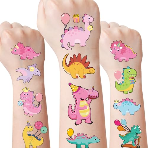 Three Rex Dinosaur Temporary Tattoos - 6 Sheets 180 Pcs Pink 3rd Birthday Decorations Cute Cartoon T-rex Tattoo Stickers for Dino Party Favors Decor Supplies