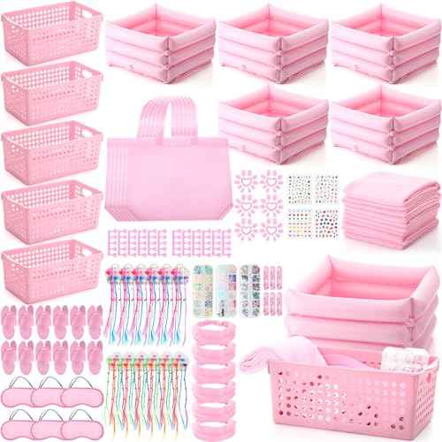 85 Pcs Spa Kit for Girls Nail Art Kit Sleepover Party Supplies with 12.5 x 12.5 in Inflatable Foot Tubs Foot Bath Towel and Basket DIY Manicure Pedicure Set for Slumber Party (Pink)