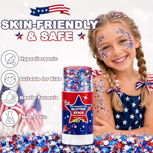 Red White Blue Glitter Stick for Face, Body & Hair