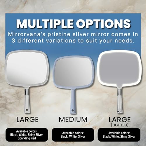 MIRRORVANA Handheld Mirror with Ergonomic Long Handle, 11" x 8" Silver (Variation: 11" L x 8" W)