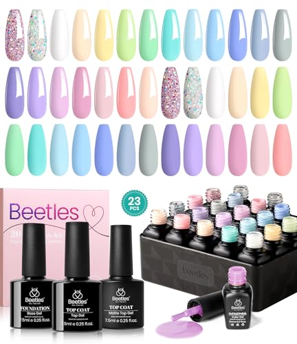 Beetles 23Pcs Gel Nail Polish Kit,Pastel Paradise Macaron Colors Bright Pink Green Blue Popular Nail Art Solid Sparkle Glitters Gel Polish Set with Base Gel Glossy & Matte Top Coat Gifts for Women