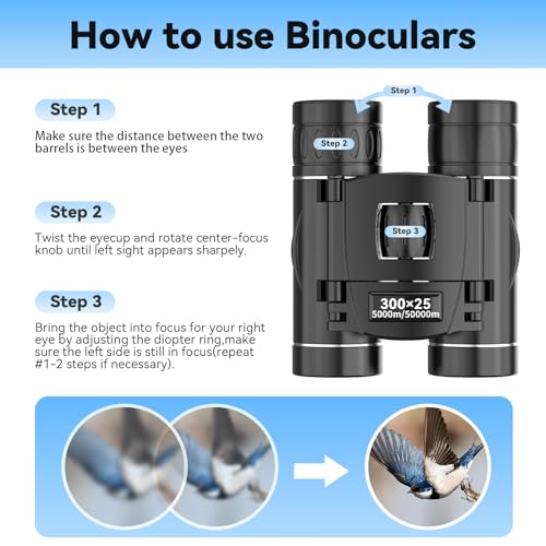 300x25 Binoculars for Adults and Kids, High Powered Mini Pocket Binoculars with Phone Adapter, Waterproof Compact Binoculars for Bird Watching