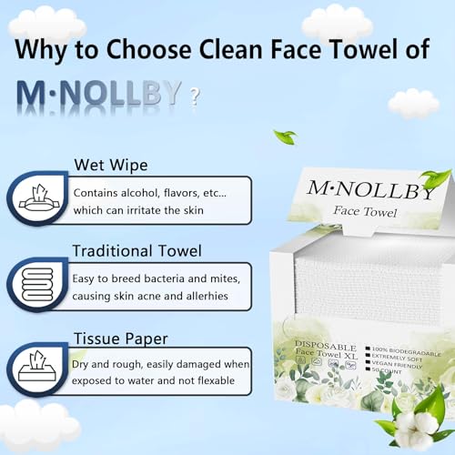 M¡¤NOLLBY Disposable Face Towel Makeup Remover, Biodegradable Clean Large 11 * 12inches XL Extra Soft Thick Washcloths Facial Towels, Bathroom Essentials, Sensitive Skin Care 50Count