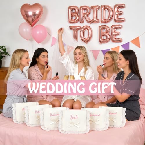 Bridesmaid Makeup Bag Set - 6 Pc Embroidered Cosmetic Organizer