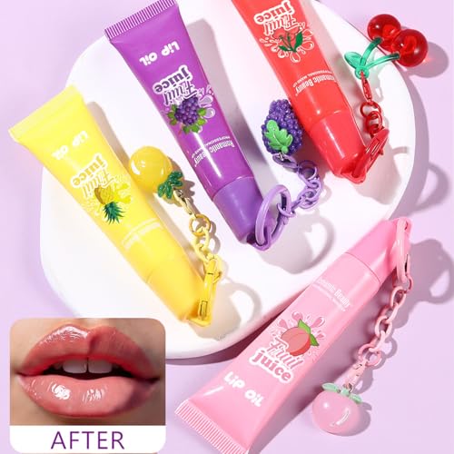 4PCS Fruit-Flavored Hydrating Lip Gloss Set,Moisturizing and Nourishing Keychain Lip Balm,Keychain Clear Glossy Lip Oil Kit,High-Shine Finish Makeup