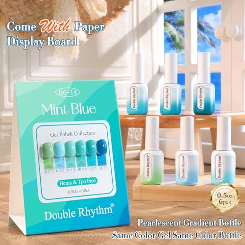 Double Rhythm Gel Nail Polish Set - 6pcs Pale Green Mint Blue Teal, 0.5oz, Soak Off, Natural & Non-Toxic