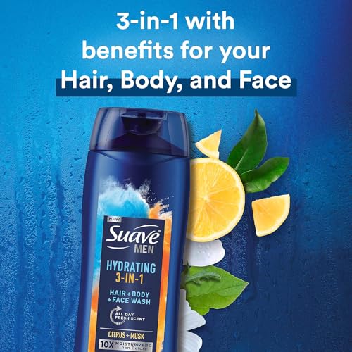 Suave Men Moisturizing Body, Face and Hair Wash, 3-in-1 For Hydrated Skin and Hair, Citrus & Musk scent, No Parabens, No Phtahaltes, 18 Oz, (Pack of 12)