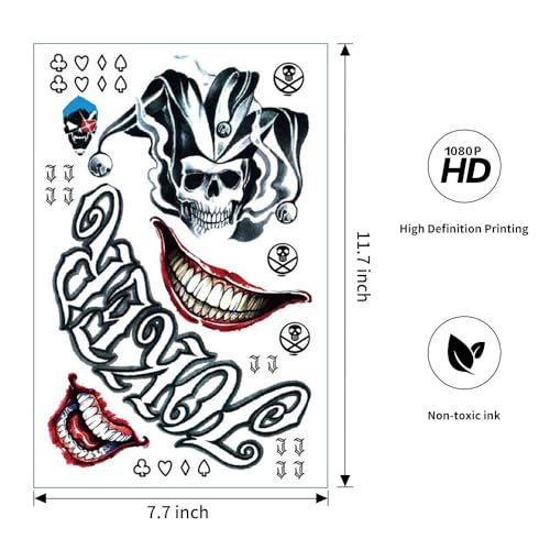 Joker Temporary Tattoos - 6 Sheets Waterproof Fake Stickers