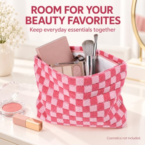 Marsrut 4-Piece Pink Checkered Makeup Bags Set | Large Capacity Cosmetic Organizer