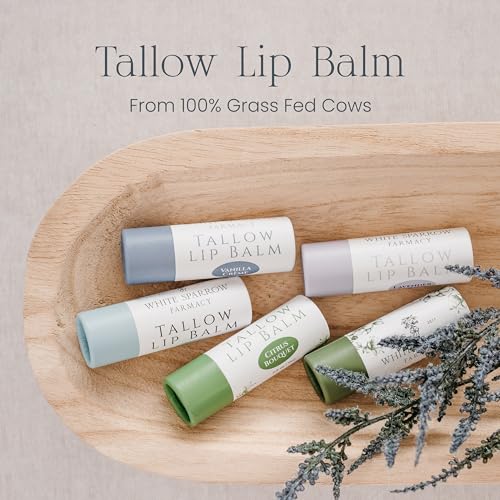 Organic Tallow Lip Balm (Vanilla Cr?me) from Grass Fed Cows. Super hydrating with Tallow, Olive Oil, Honey, and Beeswax. Sustainable Cardboard Tubes & Hand Filled. Jumbo Size 0.5 oz.
