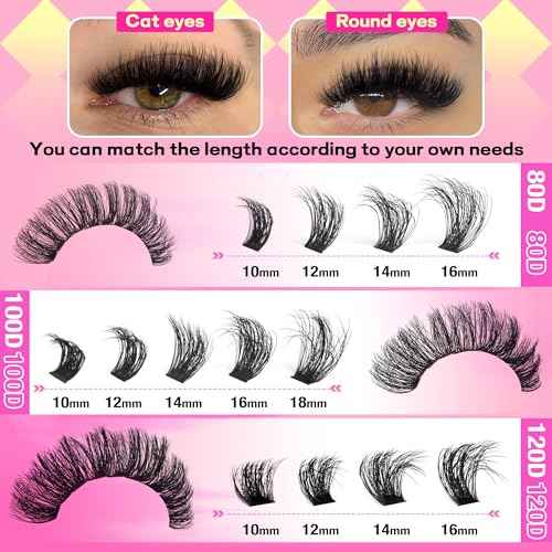 FANXITON Lash Clusters Thick Lash Clusters D Volume Lash Clusters 80D+100D+120D Eyelash Clusters 10-18mm Eye Lash Clusters Wispy Individual Lashes Sweatproof Clusters Eyelash Extensions