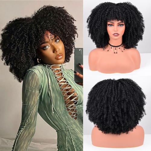 Afro Curly Wig with Bangs 12" Short Kinky Synthetic Glueless