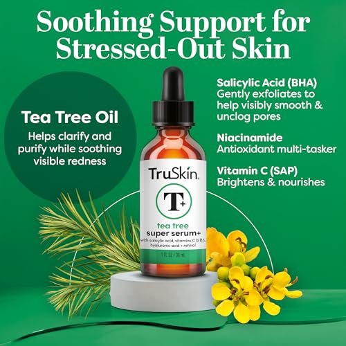 TruSkin Tea Tree Oil Acne Treatment Serum for Face ? Salicylic Acid, Niacinamide, Vitamin C & Retinol ? Clarifying Super Facial Serum for Acne-Prone Skin & Pores, 1 Fl Oz