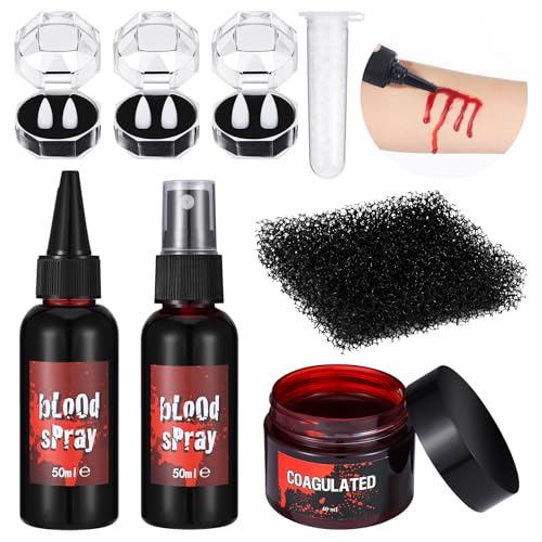 Halloween Fake Blood Makeup Kit with 3-Size Vampire Teeth