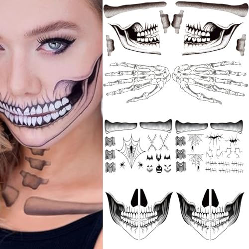 8 Sheets Halloween Temporary Face Tattoos | Skeleton & Scar Designs