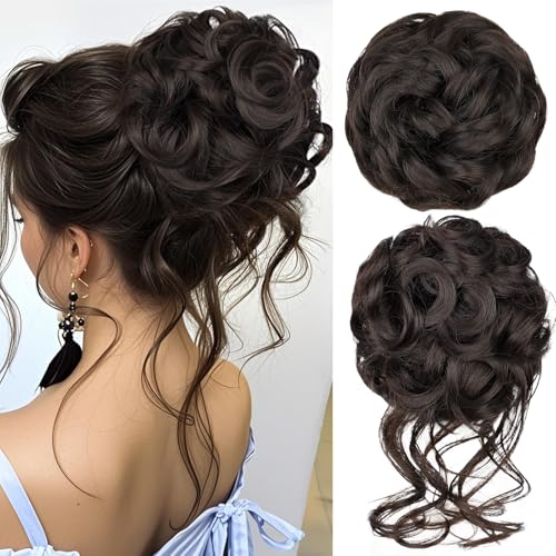 RONTAYA Messy Bun Hair Pieces - 2pc Dark Brown Wavy Curly Updo