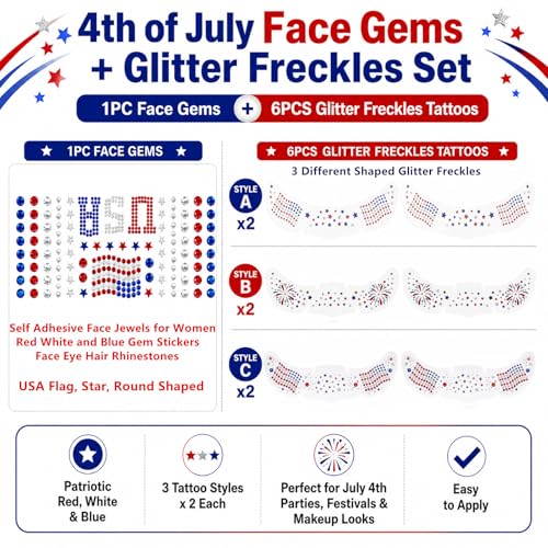 4th of July Face Gems & Glitter Freckles Tattoo Set (6+1)