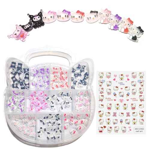 121 PCS Kitty Nail Charms Nail Art Stickers-Kawaii Nail Charms Nail Decorations for Nail Art Supplies 3D Flatback Resin Charms