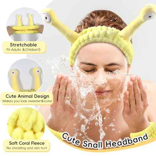 Face Wash Headband, Skincare Wrist Bands For Washing Face Set Spa Hair Bands come with a Hair Scrunchie, Cute Yellow snail tentacle Elastic Headband, For Face Washing Makeup Skincare (Yellow)
