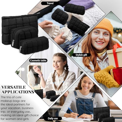 Huhumy 3-Piece Quilted Makeup Bag Set - Black Cosmetic Pouches