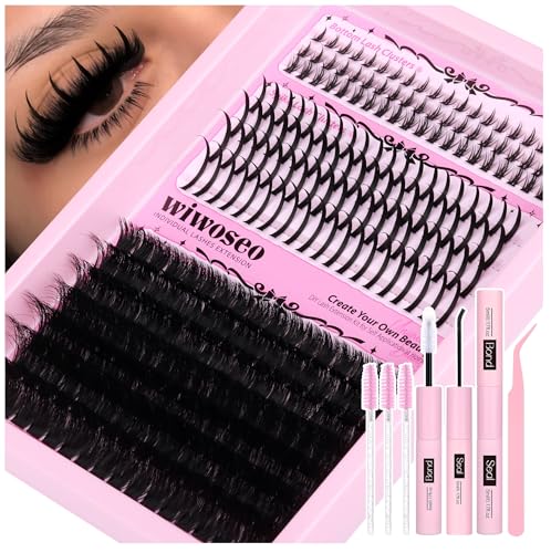Wiwoseo Bottom Lash Clusters with Clear Lash Glue, D-Curl Fluffy Eyelash Extension Kit