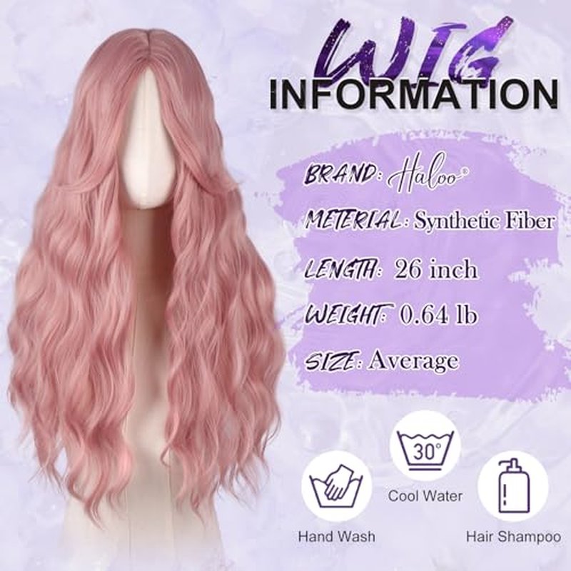 Haloo 26-Inch Pink Wavy Wig with Curtain Bangs for Women