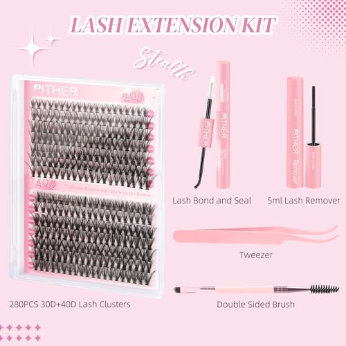 PITHER DIY Lash Extension Kit, Eyelash Extension Kit 280PCS 30D 40D Mix 9-16mm Individual Lash Clusters Kit with Applicator Bond and Seal Lash Glue Lash Extension Remover Tweezer