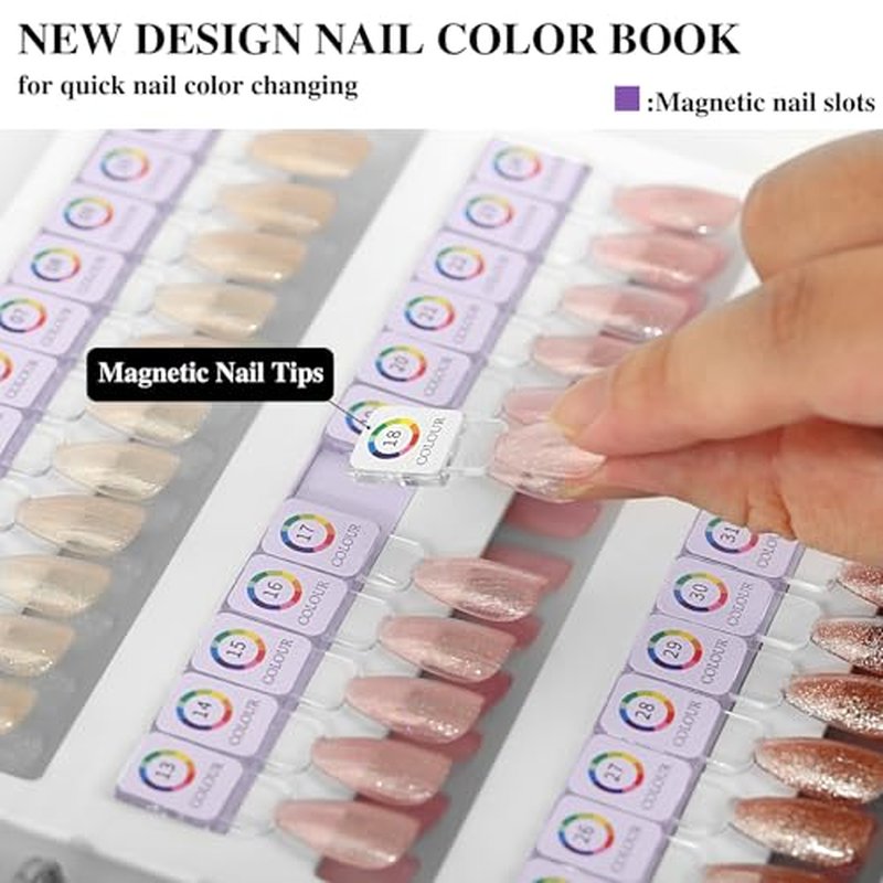 144 Magnetic Nail Color Book,Leather Magnetic Color Display Book with 144PCS Magnetic Tips & 1-240 Number Labels,Perfect for Nail Polish Nails Art Design(Gray)